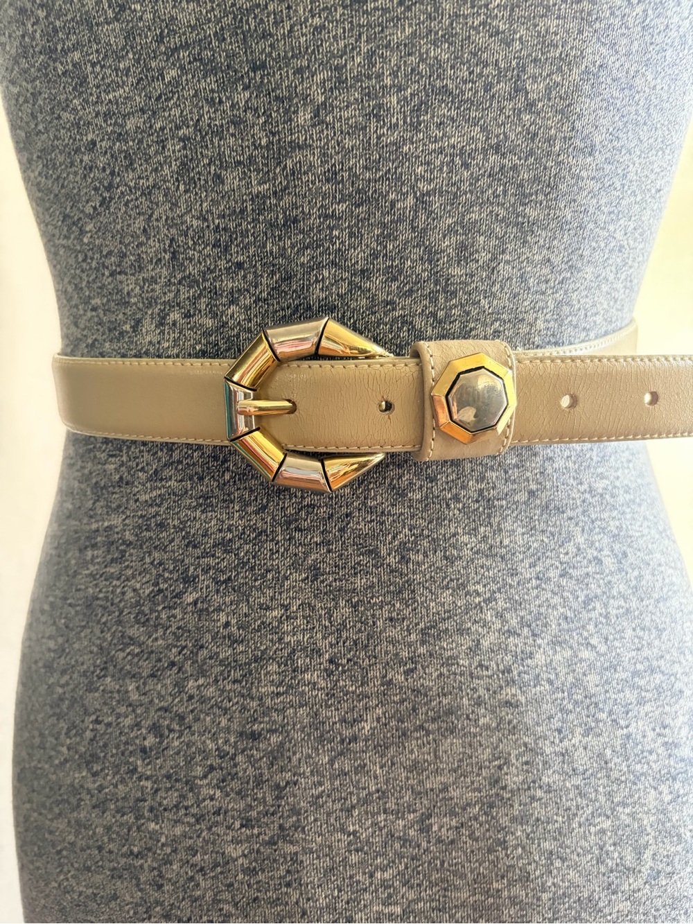 Vtg Doncaster Beige Leather Belt Mixed Metal Geometric Buckle